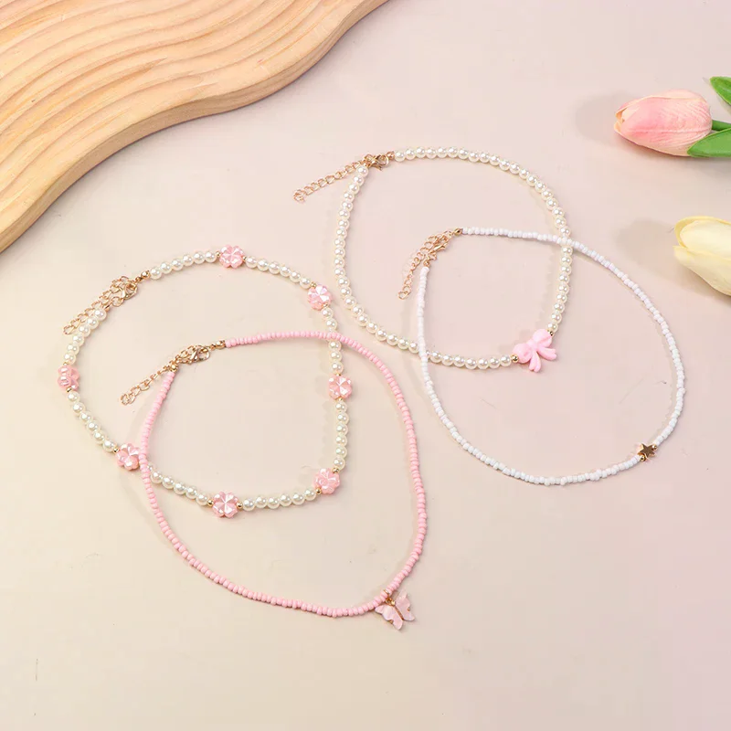 4 قطعة/المجموعة الفتيات فراشة القلب زهرة اللؤلؤ والخرز اليدوية قلادة مجموعة الأطفال في سن المراهقة الصداقة أفضل هدية للأصدقاء #3