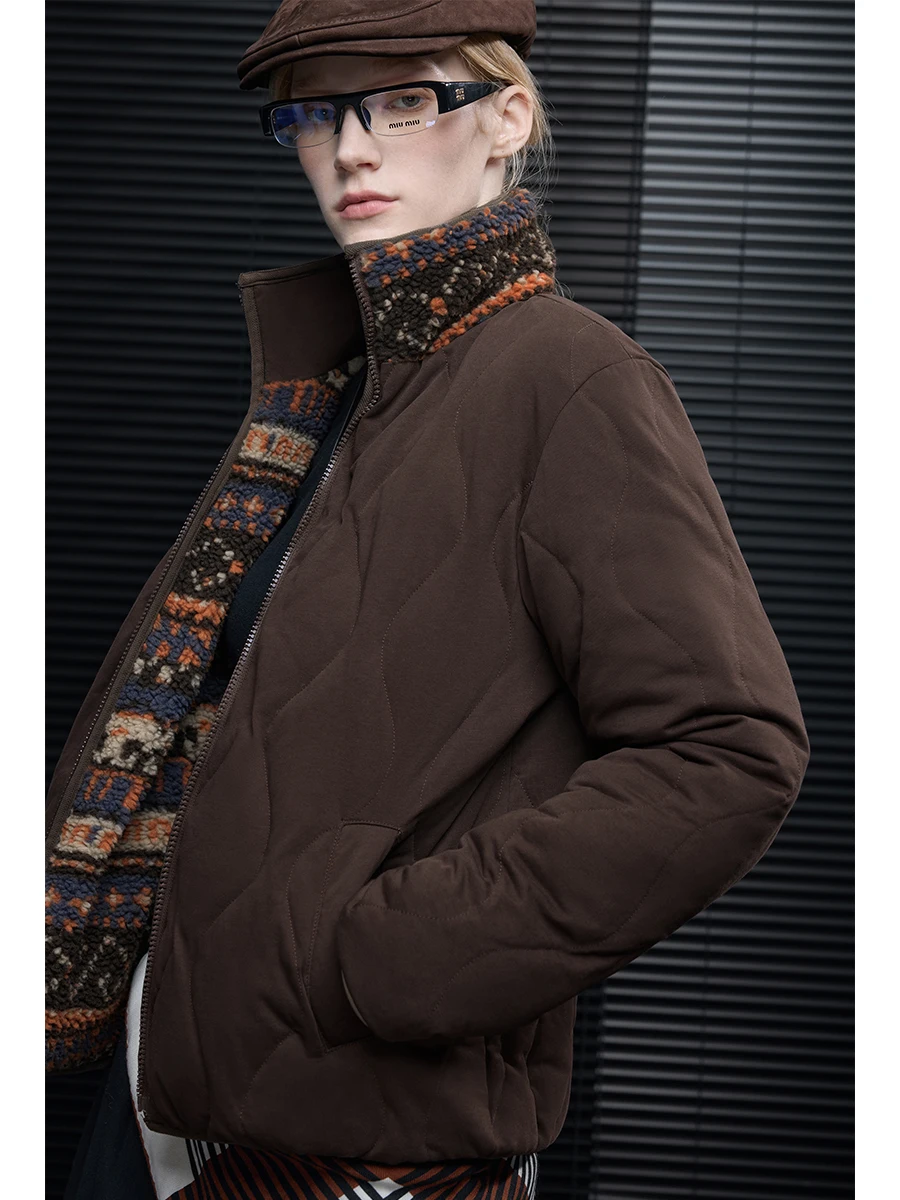 

Двусторонняя утепленная куртка-пуховик для женщин, кофейного цвета, с воротником-стойкой, двусторонняя, зимняя, модная, уличный стиль, теплая