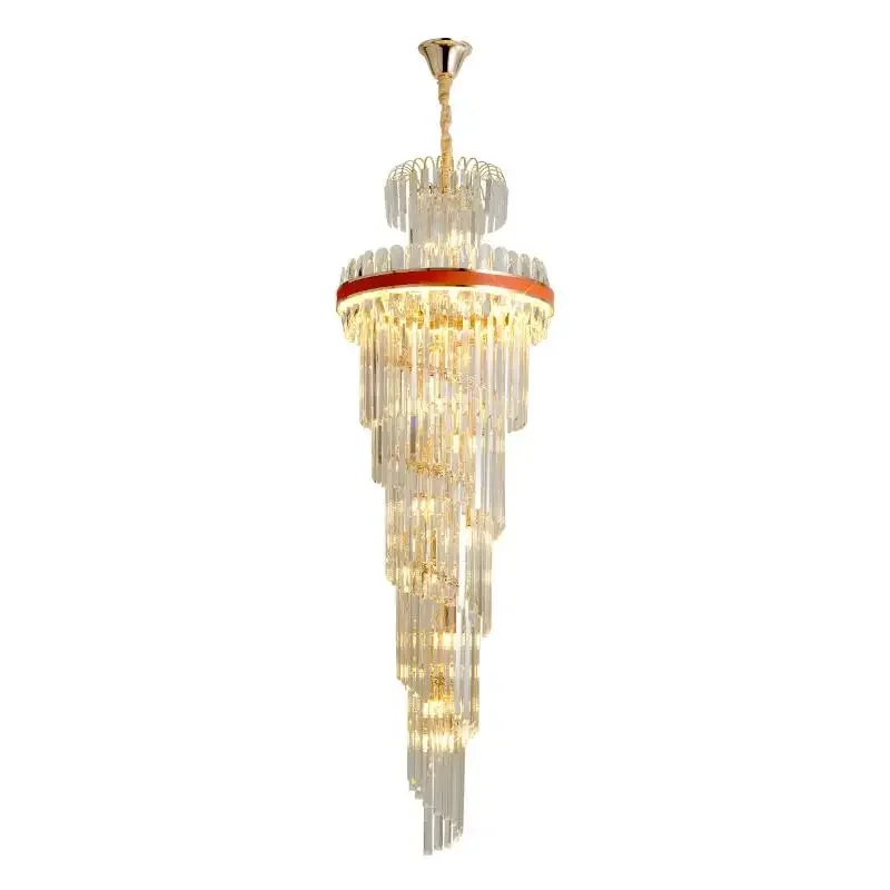 Led Chandelier With Long Crystal Modern Light Fixture Luxury Villa Duplex Middle Floor Living Room Stair Spin Lighting