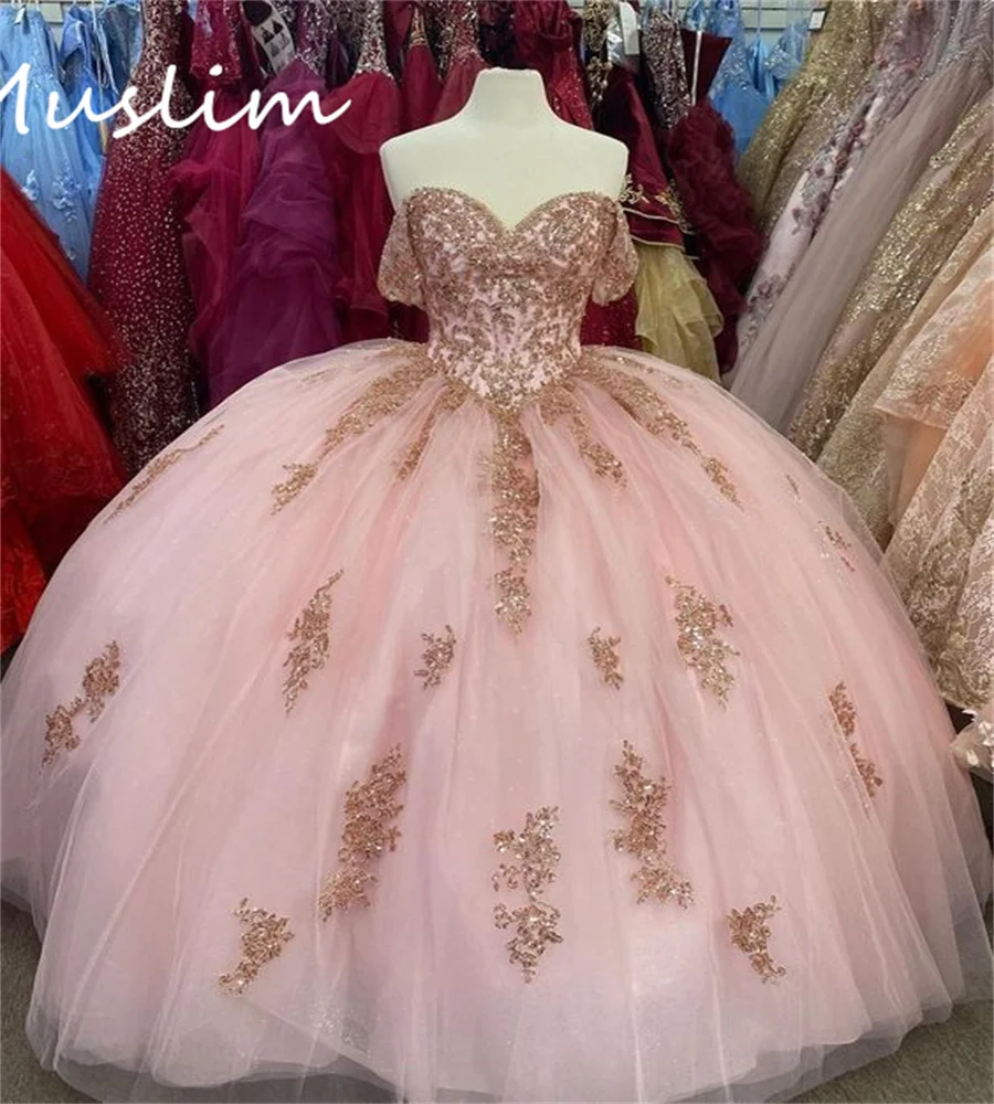 Glitter rosa quinceanera vestido fora shouders apliques de ouro vestido xv años doce 15 aniversário parrty vestido vestudos personalizado