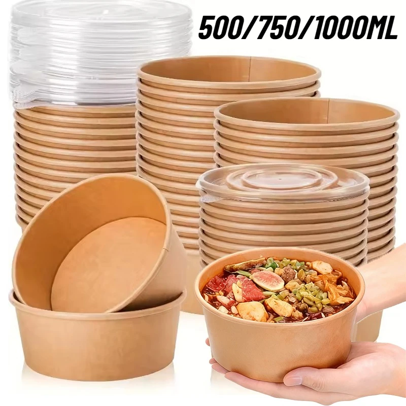 10/20PCS Kraft Paper Round Bowls Disposable Lunch Bento Bowls with Lids Meal Prep Kitchen Packaging Box Circular Food Container