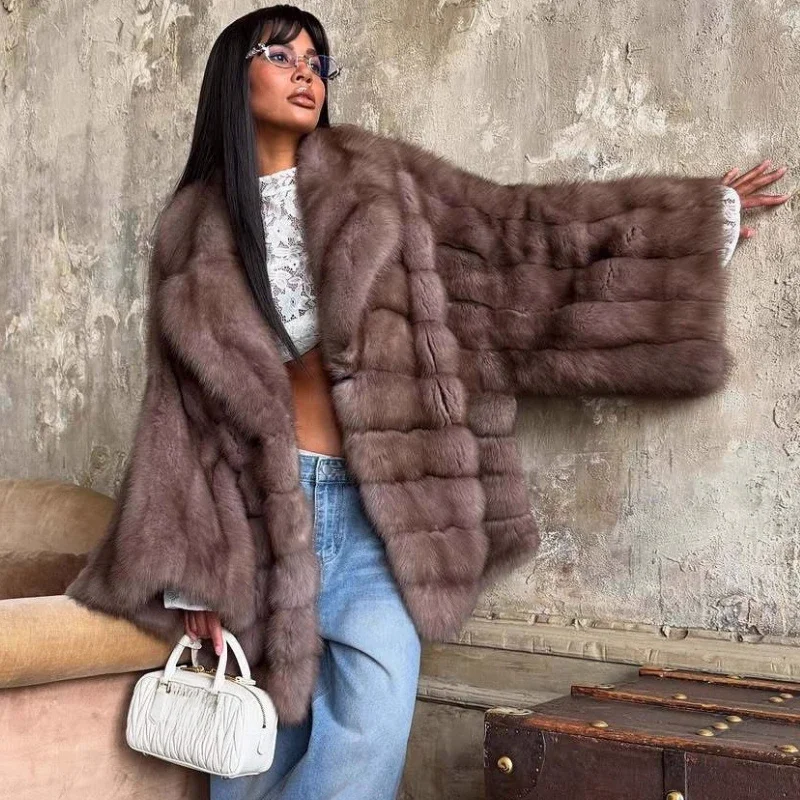 Tornova, abrigo de piel sintética con manga acampanada degradada de lujo, solapa para mujer, abrigo de piel sintética holgado y cálido, chaqueta de calle alta de invierno