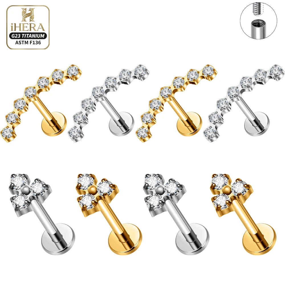 ASTM F136 Titanium Curved Cluster Labret Stud Lip Philtrum Cartilage Helix Ear Piercing  Lot Internal Threaded Sparkle Shiny