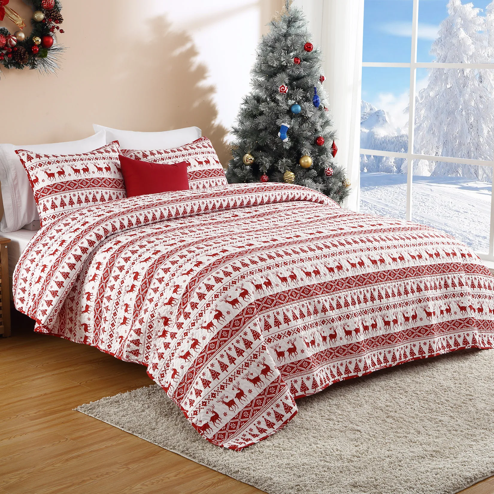 Christmas Quilt Set King Size - Boho Reversible Bedspread Coverlet Set with Christmas Tree Reindeer Snowflakes Printed Pattern image 3