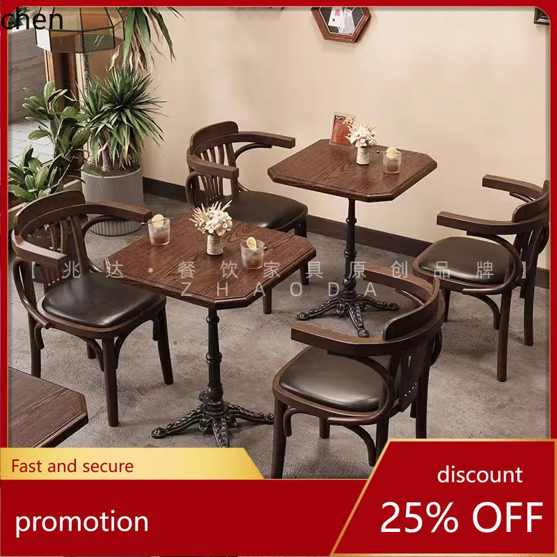 

HTT Simple Western Restaurant Retro Solid Wood Square Light Luxury Style Internet Celebrity Bakery Cafe Dining Table and Chairs
