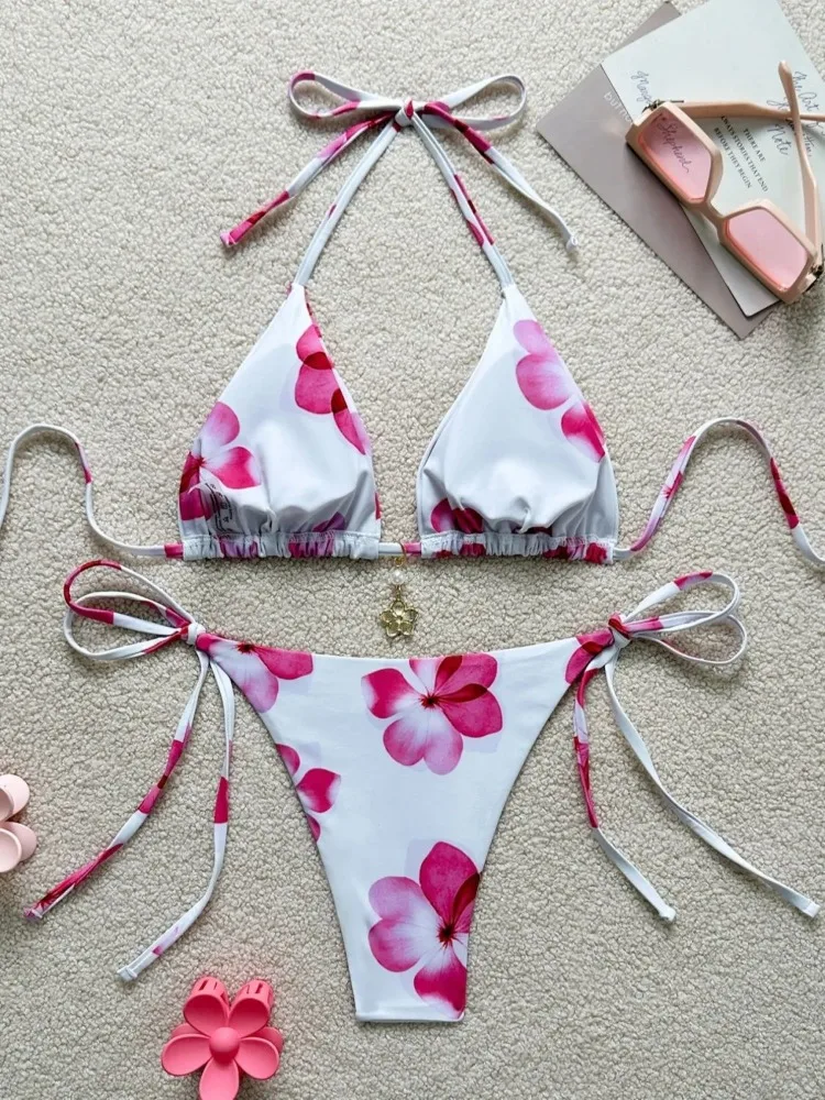 Sexy Lace Up Hollow Out Hanging Neck Women Backless High Waist Swimsuit Bikini Slim Fit Two-piece Set 2025 Swimwear Female Beach