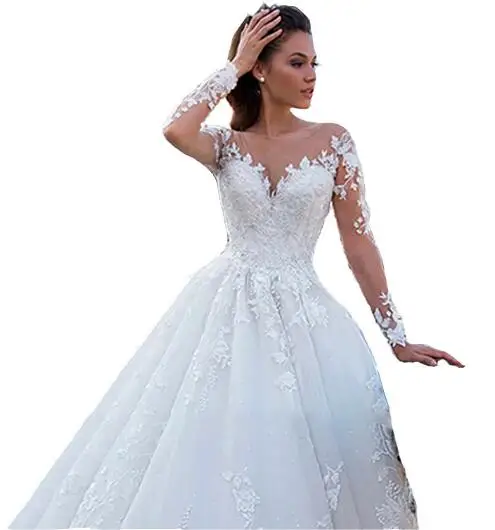 Robe de mariée Sexy en tulle, col en V, manches longues, dos ouvert, dentelle blanche, avec des appliques, pour fête de mariage