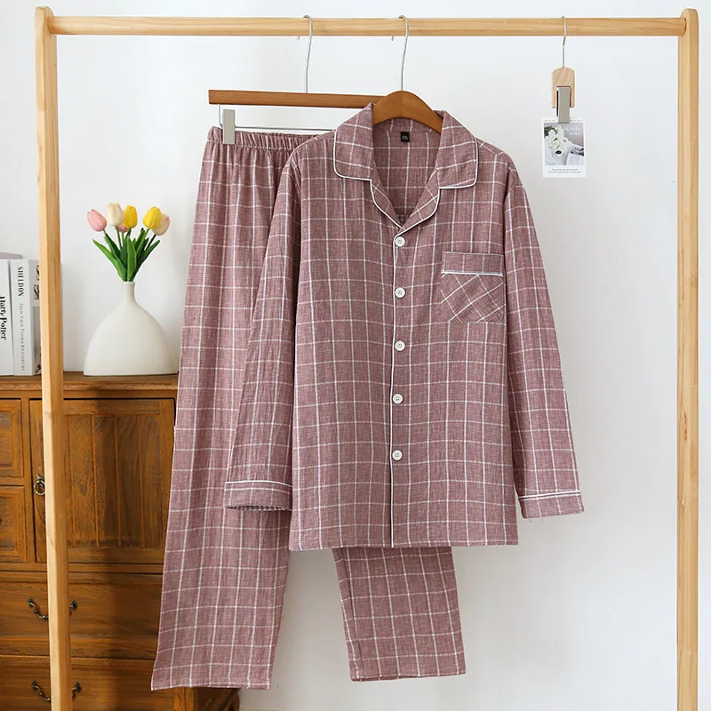 Conjunto de pijama japonés para hombre, pantalones de manga larga a cuadros de algodón 100%, conjunto de dos piezas, muebles grandes relajados para