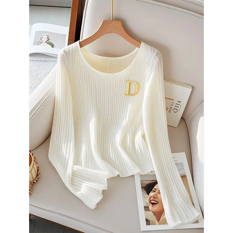 Ice Silk Knitted T-shirts for Women in Early Autumn Lightweight and Breathable Korean Style Chic Long Sleeved Tops for Summer