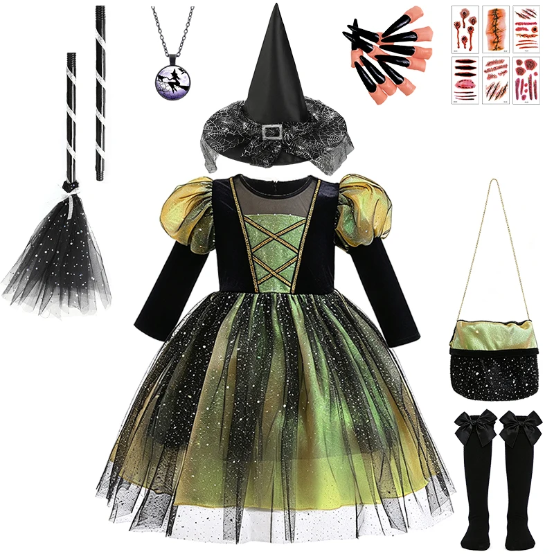 Fantasia Girl Puff Sleeve Sparkly Tulle Witch Dress Halloween Cosplay Masquerade Stage Performance Carnival Children's Costume