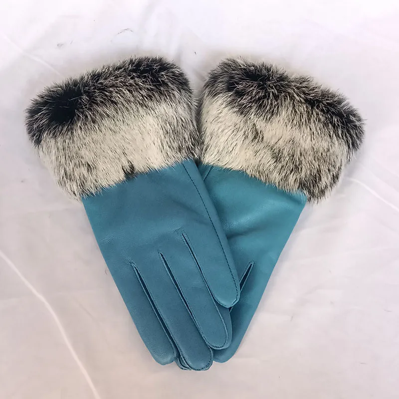 Luxury Winter Warm Genuine Leather Glove With Fluffy Natural Rabbit Fur Cuff Women Thick Multi Color Real Sheepskin Gloves