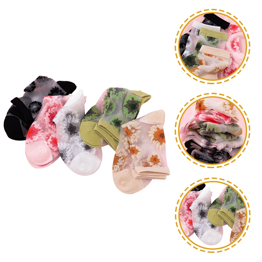 

5 Pairs Summer Transparent Thin Mesh Flower Pattern Comfortable Lightweight Spring Autumn Fit Festival Christmas Gift Women Mesh