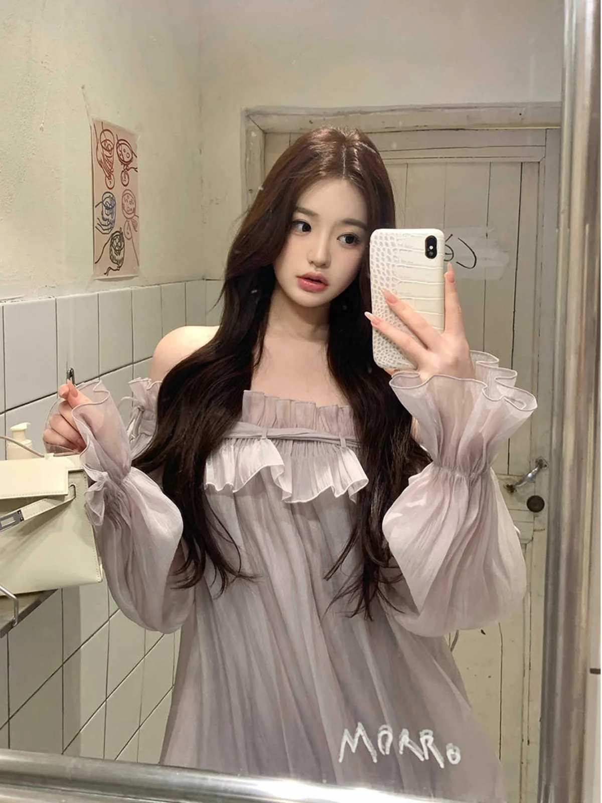 

One-line Shoulder Ruffled Mini Dress for Women Streetwear Trend Temperament Sweet Long Sleeve Casual Loose Chiffon Short Dress