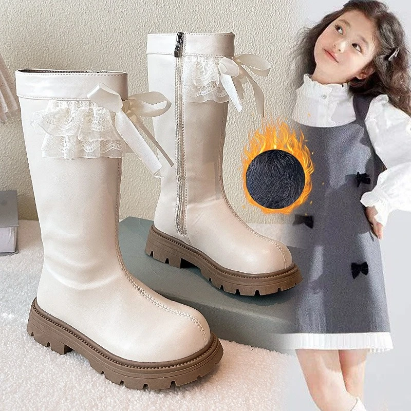 

Детские кожаные сапоги, кружевные милые сапоги принцессы для девочек с милыми бантами, осень-зима 2021, детские сапоги до середины икры в корейском стиле