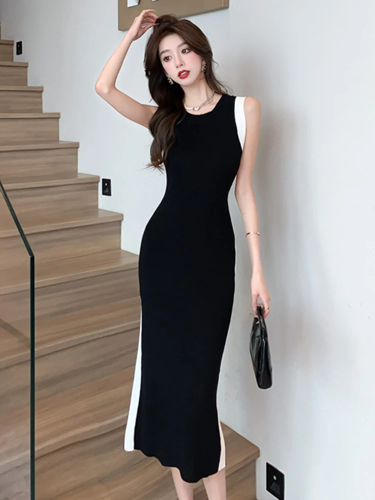 

Women Street Clothes Black Knitted Sexy O-Neck Sleeveless Skinny Stretchy Dress Elegant Fashion Vestidos Robe Casual Summer New