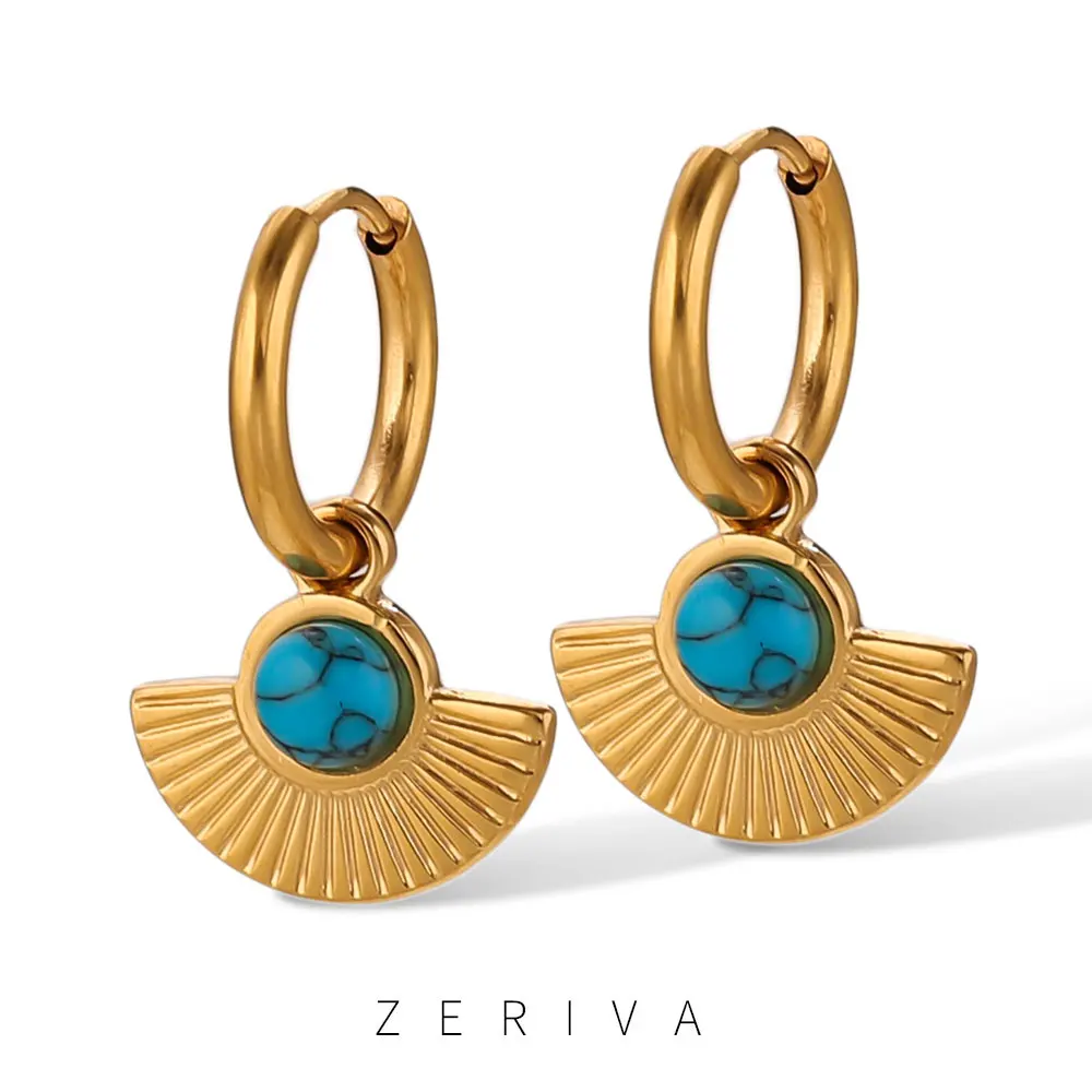 

ZERIVE Bohemian Fan Shaped Stainless Steel Charm Hoop Earrings For Women's Elegant Jewelry Natural Stone Earrings gift