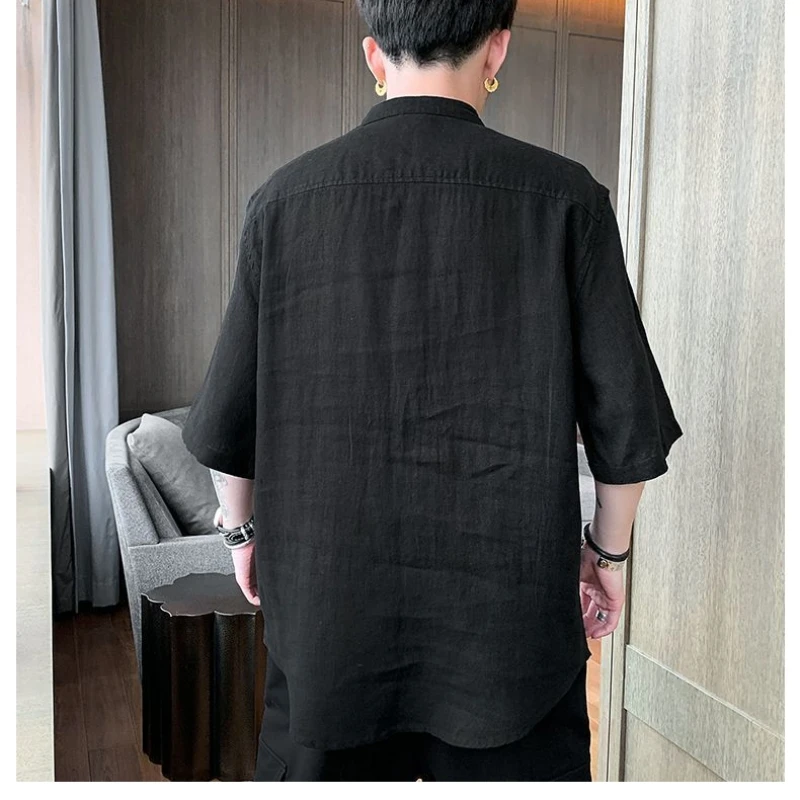 2024 Summer New Trendy and Handsome Short Sleeves Thin Simple and Breathable Japanese Men\'s Pocket Shirt with 5/4 Sleeve Top