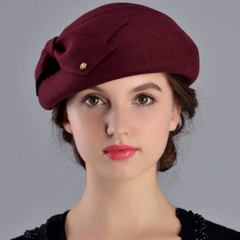 French Berets Caps For Women Fashion 100% Wool Felt Fedora Hat Winter Blue Purple Red Church Female Vintage Cloche Hats H46