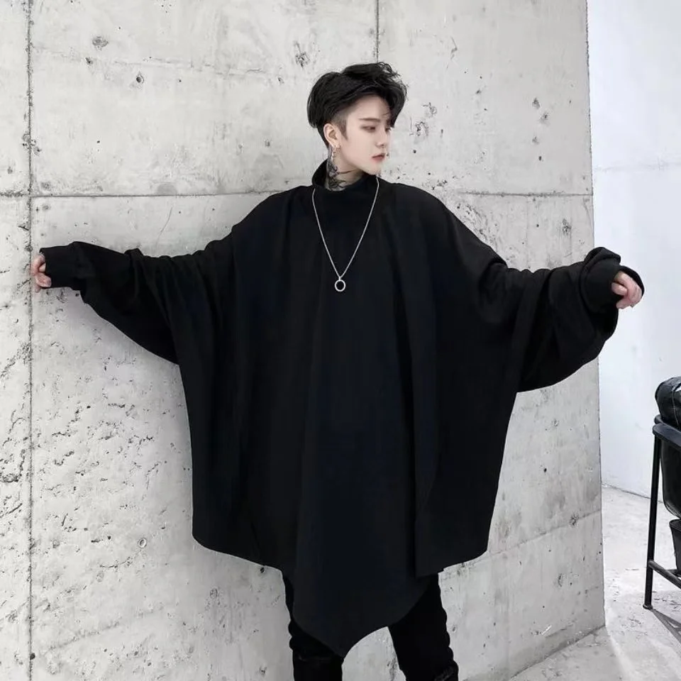 ARENS Men's Sweater Autumn 2023 Dark Bat Sleeve Rib Mock Neck Pointed Hem Loose Pullover Tops Male Korean Long Sleeve Sweaters