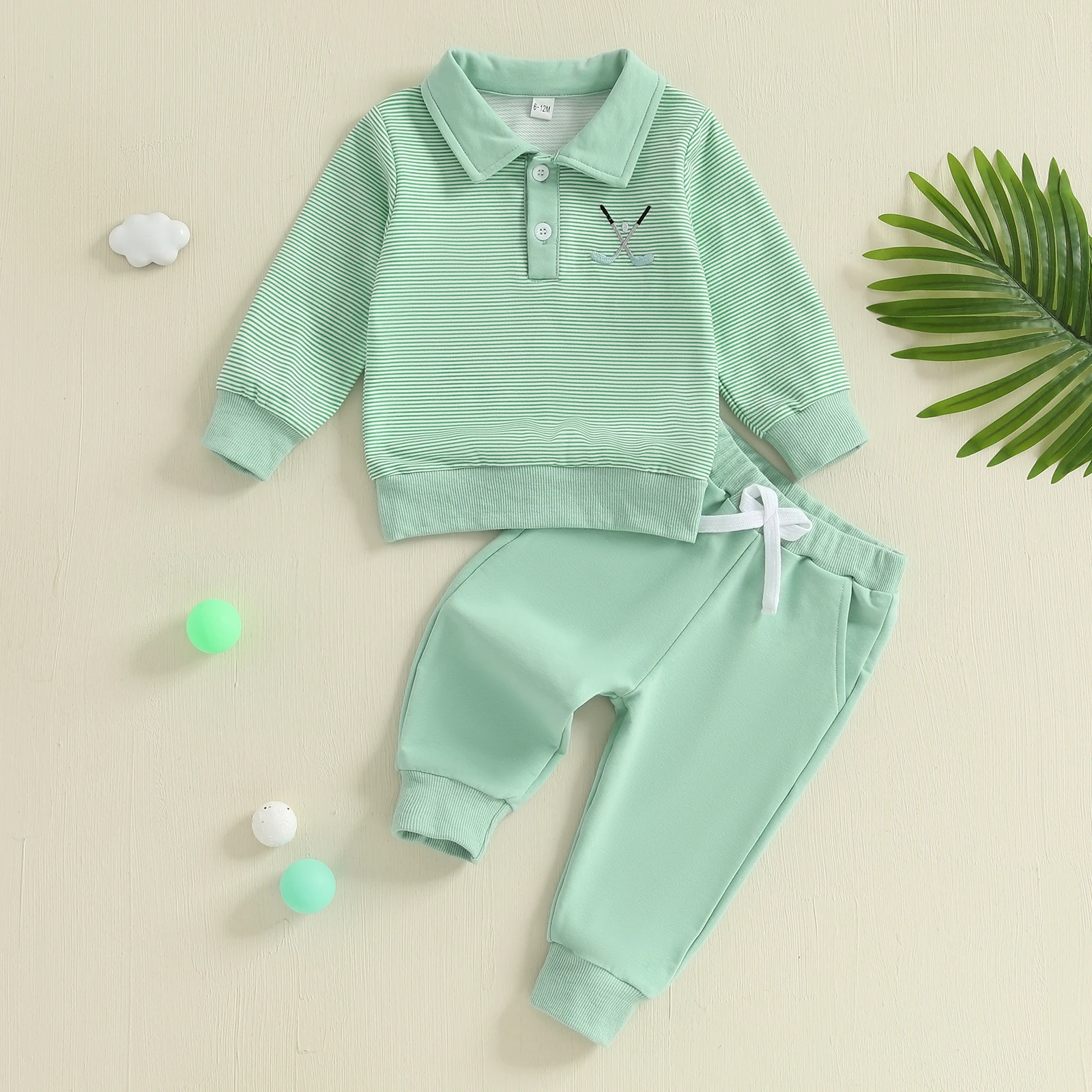

Lioraitiin Toddler Boy Fall Clothes Golf Embroidery Long Sleeve Lapel Stripe Pullover Elastic Waist Solid Pants 2Pcs Outfit