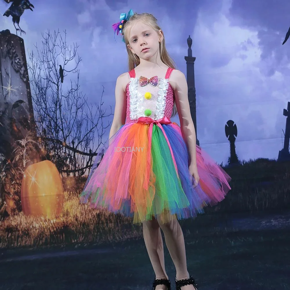 

2024 Rainbow Sequin Role Play Costume Clown Child's Skirt Kids Halloween Outfit Children Cosplay Fancy Dress Tulle Ball Gown