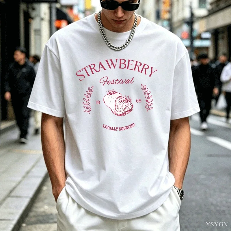 Strawberry Vintage T Shirt Man Cotton Strawberry Festival Cottagecore T-Shirt Summer Fruit Tshirt Round Neck Short-sleeve Tee