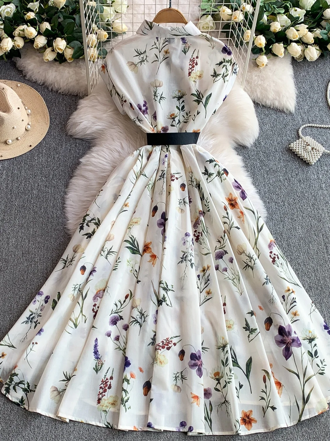 กระโปรงยาวทรงเอไลน์ผ้าชีฟองพิมพ์ลายดอกไม้ รุ่น Vaion Sle สำหรับผู้หญิง ช่วยกระชับเอวและพรางหุ่น พร้อมกระดุมด้านหน้า