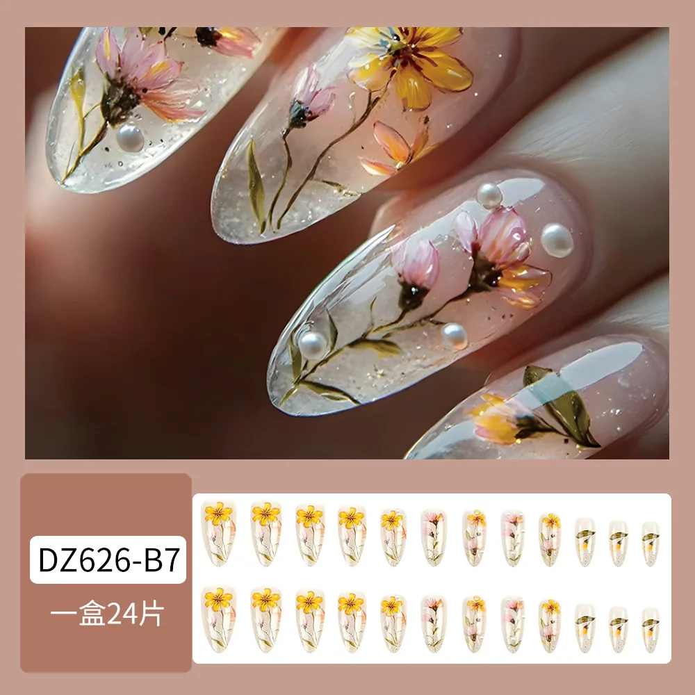 24 pezzi 2025 fiori adesivo riutilizzabile stampa su unghie acriliche glitter perle punte per unghie per unghie unghie finte con design all'ingrosso