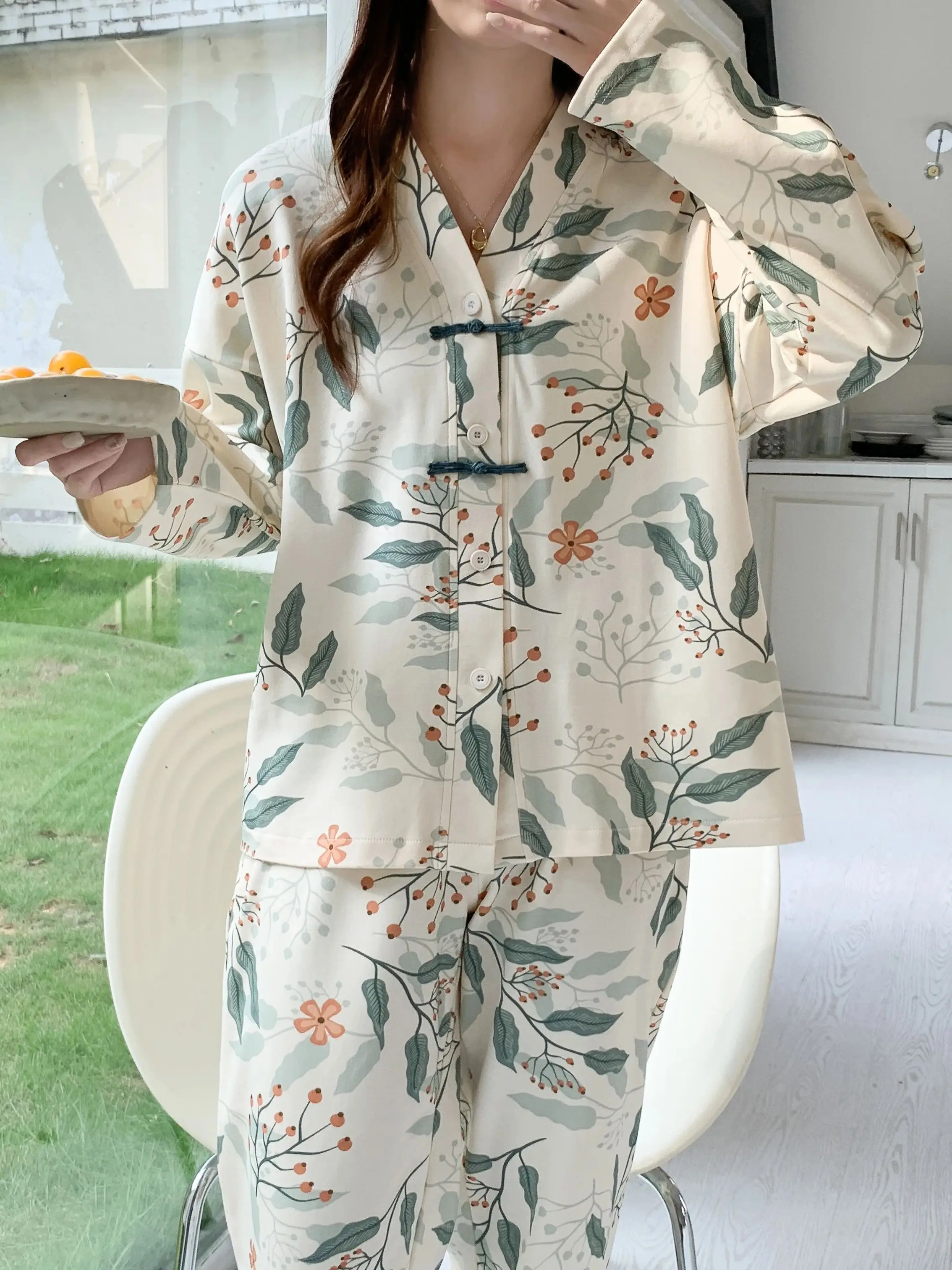 100% Cotton Pajamas Pijamas De Mujer Elegent Pajamas Kimono Nightwear Floral Pajama Custom Print Absorbent Button Down Coton