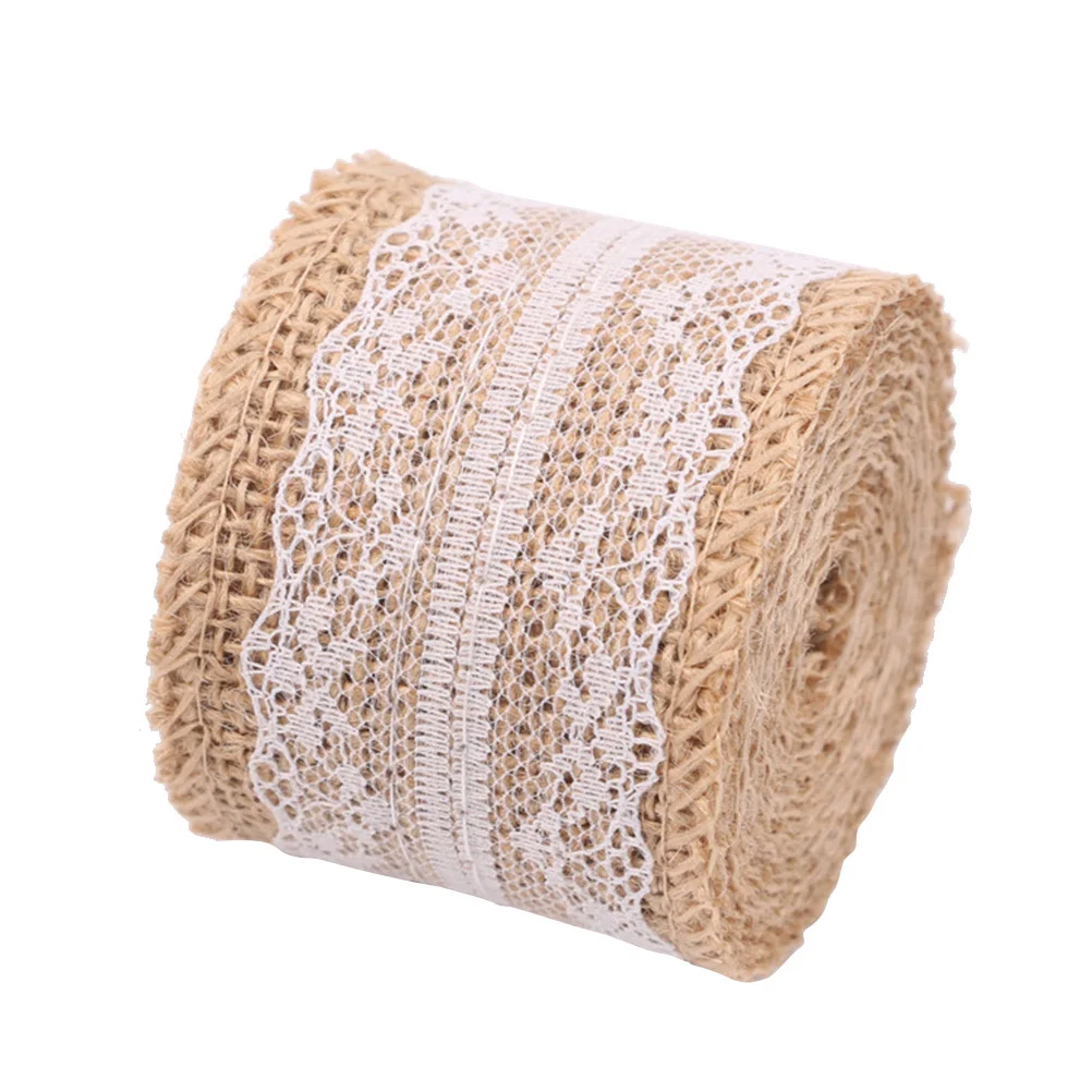 Decorative Burlap Fabric Ribbons Jute Roll with Lace for Craft Gift DIY Projects 200x5cm (A) burlap ribbon