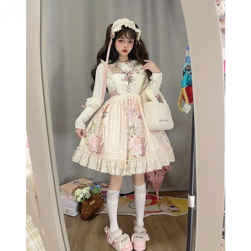 オリジナル可愛いウサギプリントJSK＆OPドレス ロリータガール レディース スイートドール感 スリム 半袖 膝丈ワンピース ホットセール
