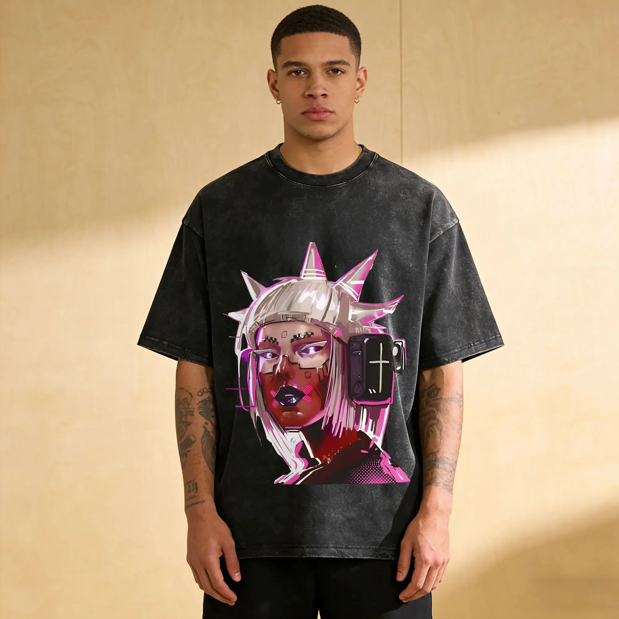 Priting Marathon Game  Vintage Washed T-Shirt Men's Cotton Short Sleeve Sci-Fi  Crewneck Summer Clothes