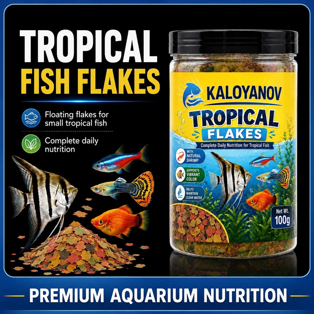 Tetra Fish In Aquarium - KALOYANOV 100g Tropical Fish Food Flakes