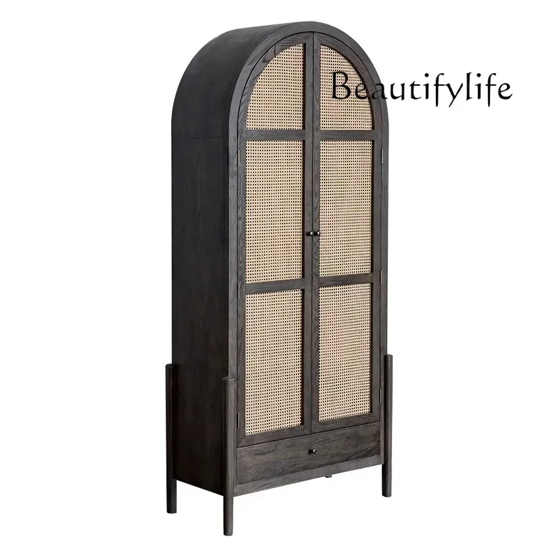 Nordic retro ash wood multi-functional arched rattan large capacity wardrobe