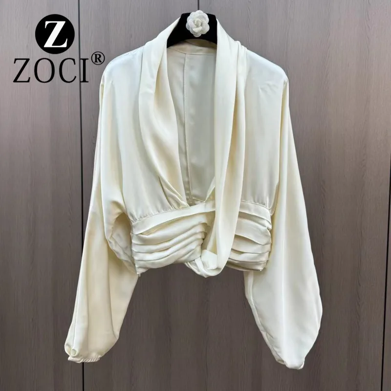 [ZOCI] New Deep V-neck Cuffed Twisted Waist French Style High Grade Acetate Feel Shirt