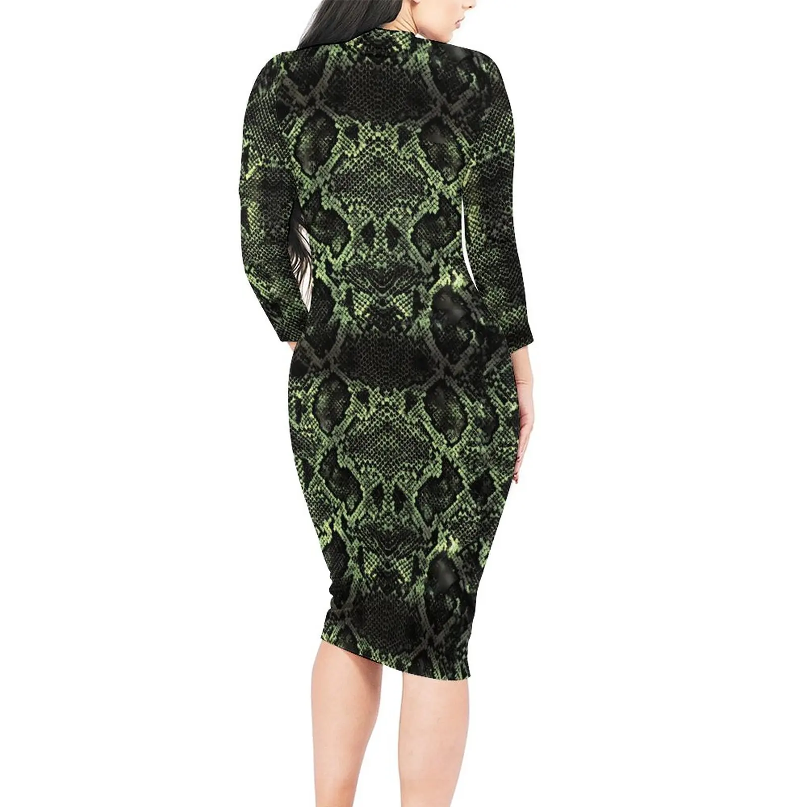 Green Snakeskin Bodycon Dress Female Fun Animal Print Kawaii Dresses Autumn Long Sleeve Aesthetic Design Dress Big Size 4XL 5XL