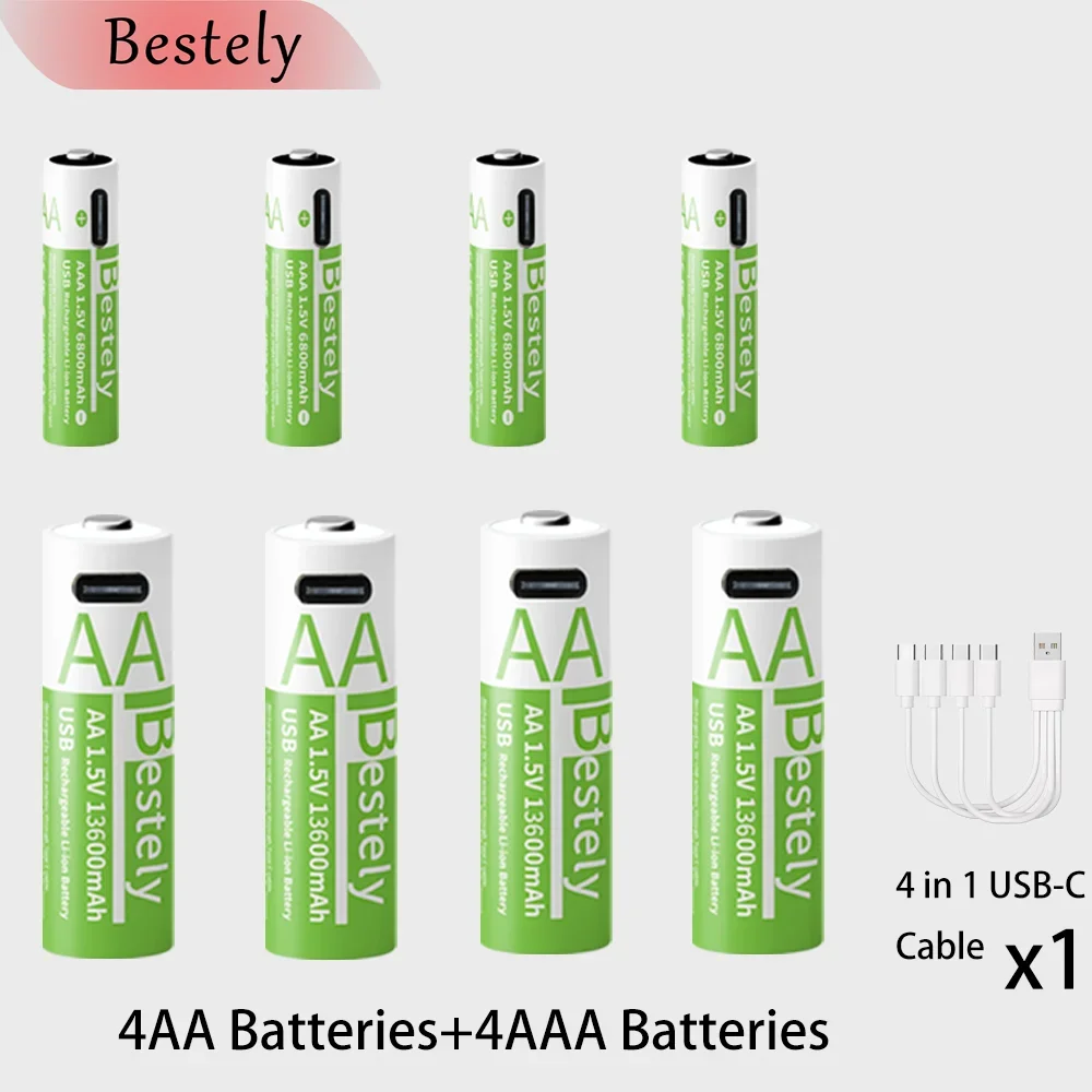 Nieuwe 1,5 V AA 13600 mAh + AAA 6800 mAh oplaadbare lithiumbatterijen Langdurige USB Li-ionbatterij 2000 cycli met USB-C-kabels