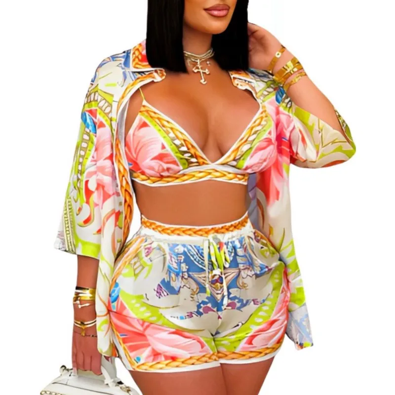 ผู้หญิงพิมพ์สไตล์ชายหาด 3 ชิ้นชุดฤดูร้อนLapelสามไตรมาสแขนเสื้อ + ชุดชั้นใน + กางเกงขาสั้นการจับคู่ 2025 วันหยุดชุดเสื้อผ้า