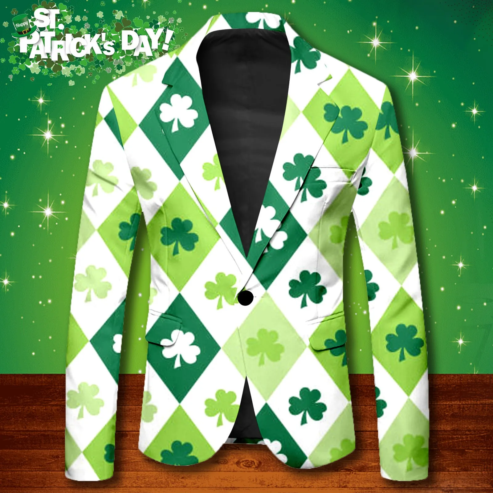 Male St Patricks Day Long Sleeve Jacket With Printed Buttons And Multiple Pockets For Holiday Party Events Coat Fashion Silm