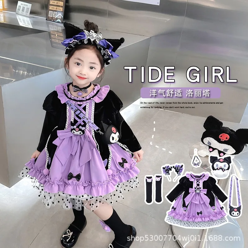 

Girly Heart Kuromi Kawaii MINISO Anime Long Sleeve Dress Cute Princess Children Clothes Headwear Decoration Gifts for Kids
