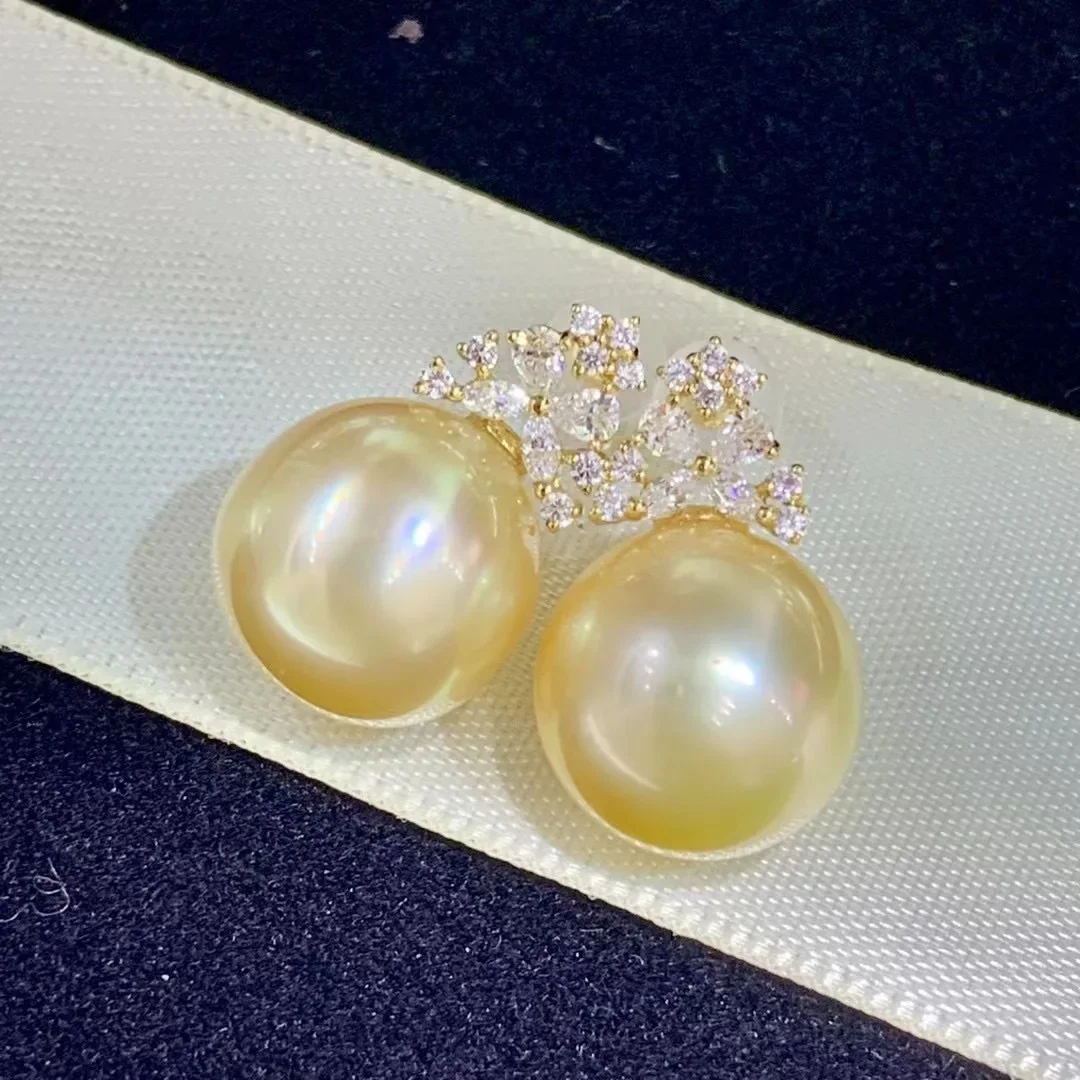 Pearl Stud Earrings Princess Gold Beads 12-13mm Flawed 18k Gold Women's Jewelry Earrings Pendant