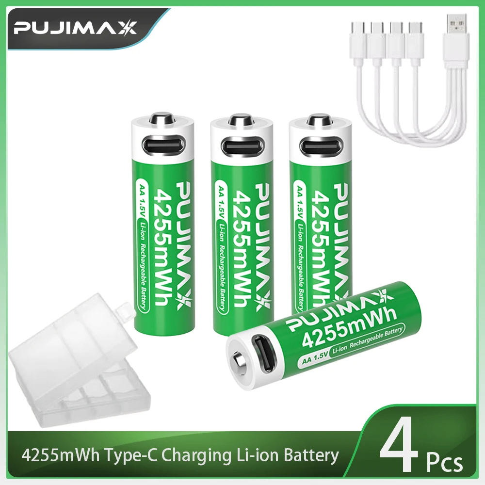 PUJIMAX Li-Ion AA wiederaufladbare Batterien USB Lithium-Ionen 4255mWh 1,5V AA wiederaufladbare Batterien für Fernbedienung, Maus, elektrisches Spielzeug + Typ-C-Kabel