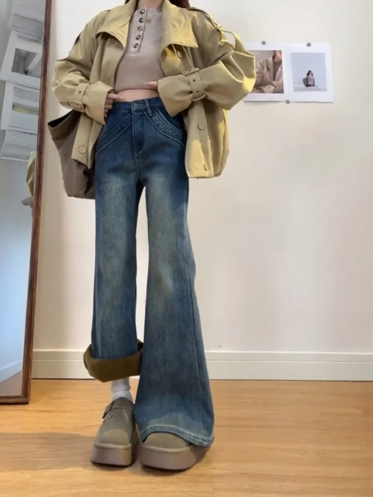 

Fleece Lined Thick High Waist Bell Bottom Denim Jeans Women's plus Size Elastic Slimming Micro Flared Hoof Long Pants