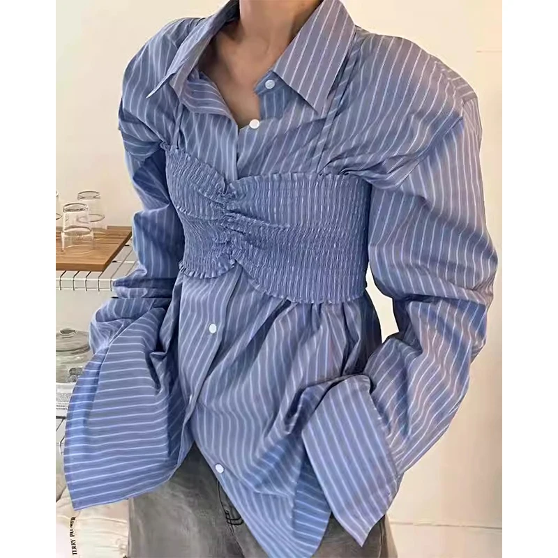 

Chic Autumnal Striped Casual Long Sve irt with Lapel Single Button Loose Fit Women's Faion Classic Sle Cotton 00%