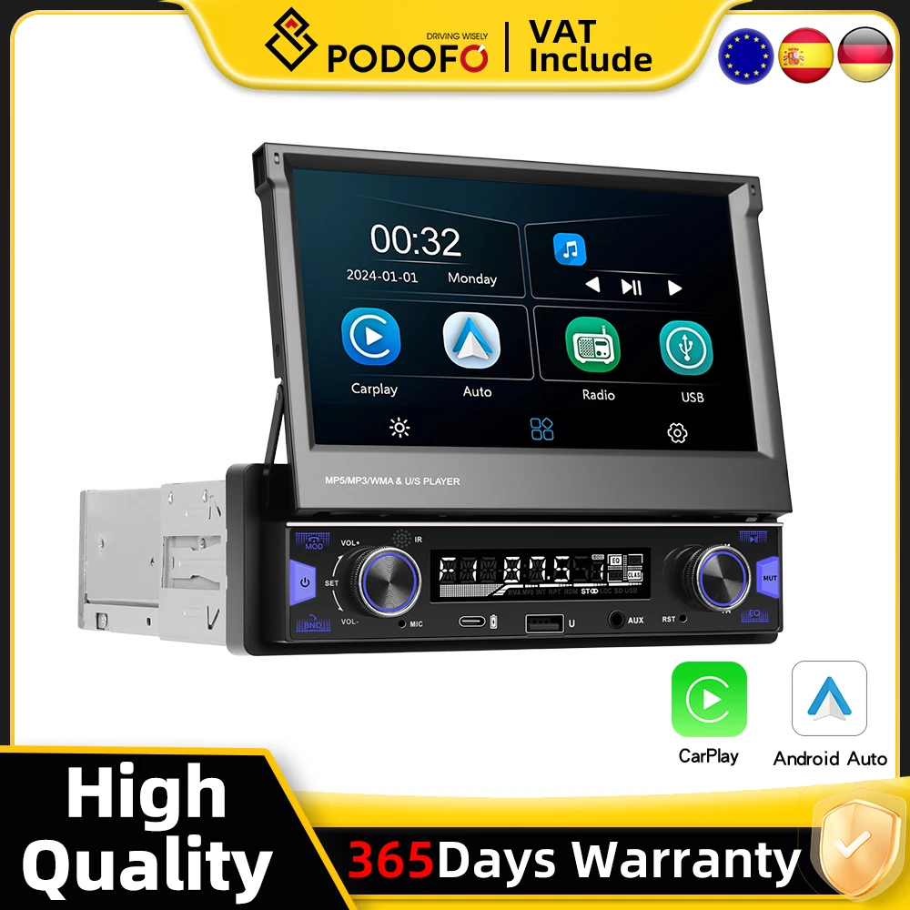 Podofo 1din Wireless CarPlay Android Auto Radio Retrattile Lettore Multimediale MP5 1 Din Ricevitore Stereo per Auto BT RDS Autoradio