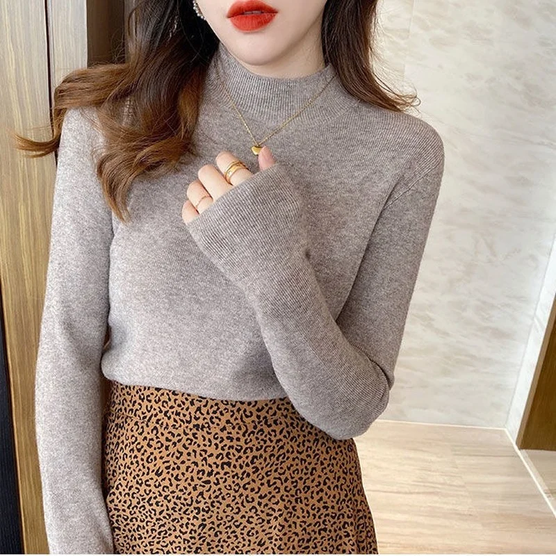 Women Mock neck Sweaters Autumn Winter Korean Slim Pullover Women Basic Tops Casual Soft Knit Sweater Soft Warm Jumper