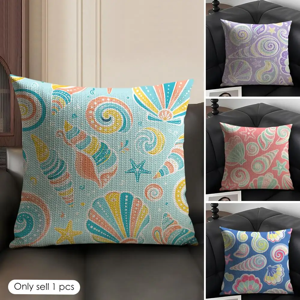 Cushion Cover Shells and Conches Breathable Linen Organic Fabric Double-Sided Printing Sofa Pillow Case Home Decor
