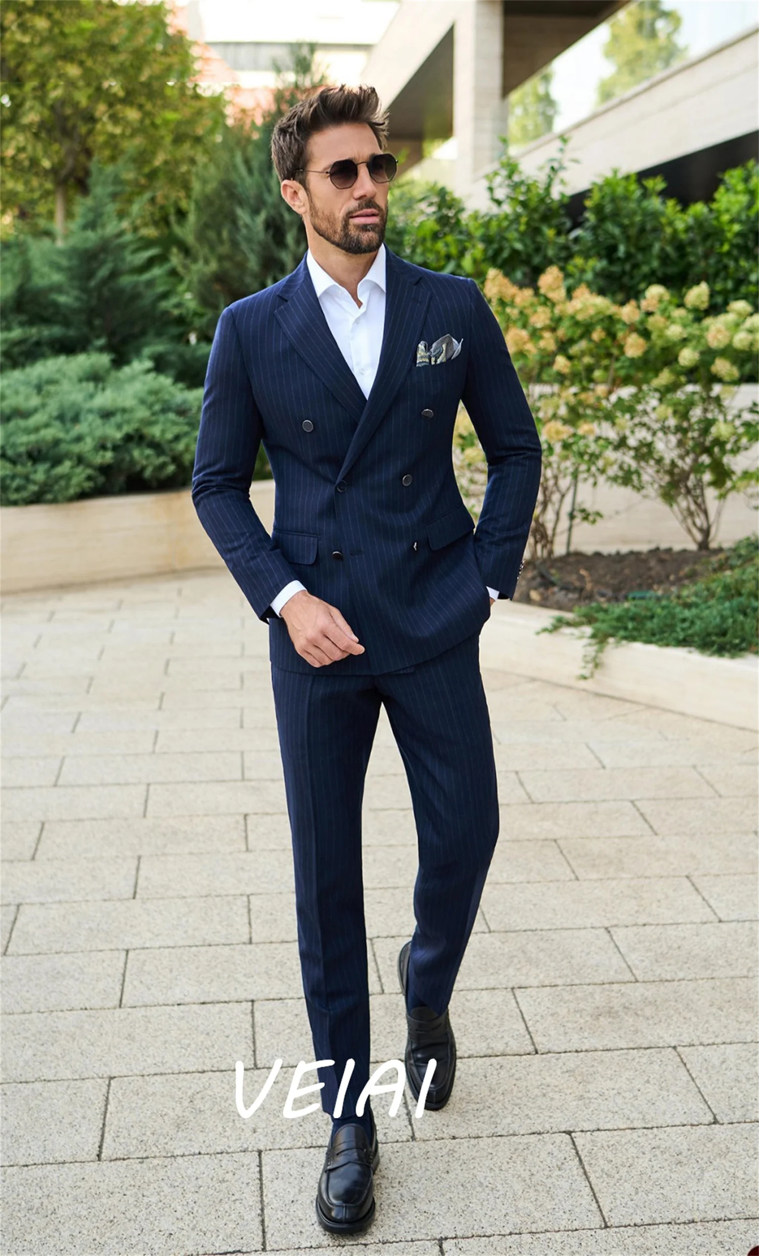 

CustomizedNavy Pinstripe Men Suits Double Breasted Wedding Business Suit traje formal para hombre Blazer Tuxedos 2 Pieces Coat P