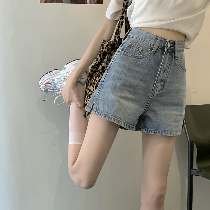 Light Wash Slit Denim Shorts Women's 2023 New plus Size Loose Slimming Student Versatile A-Line Wide Leg Pants