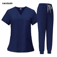 Traje azul marino Unisex para tienda de mascotas, ropa de trabajo para médico y cirugía, conjunto de uniforme de enfermera, Tops de manga corta + Pantalones, uniformes para enfermería